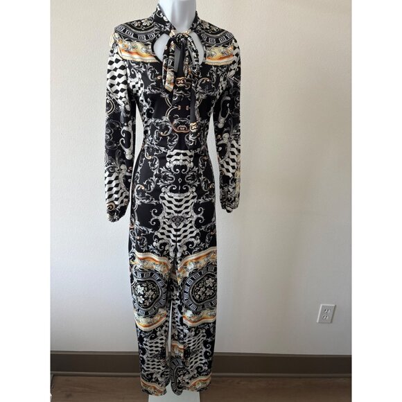 Pants - Y2K Jumpsuit L Baroque Print Tie Keyhole Puff Sleeve Resort  VTG Glam Maximalist
